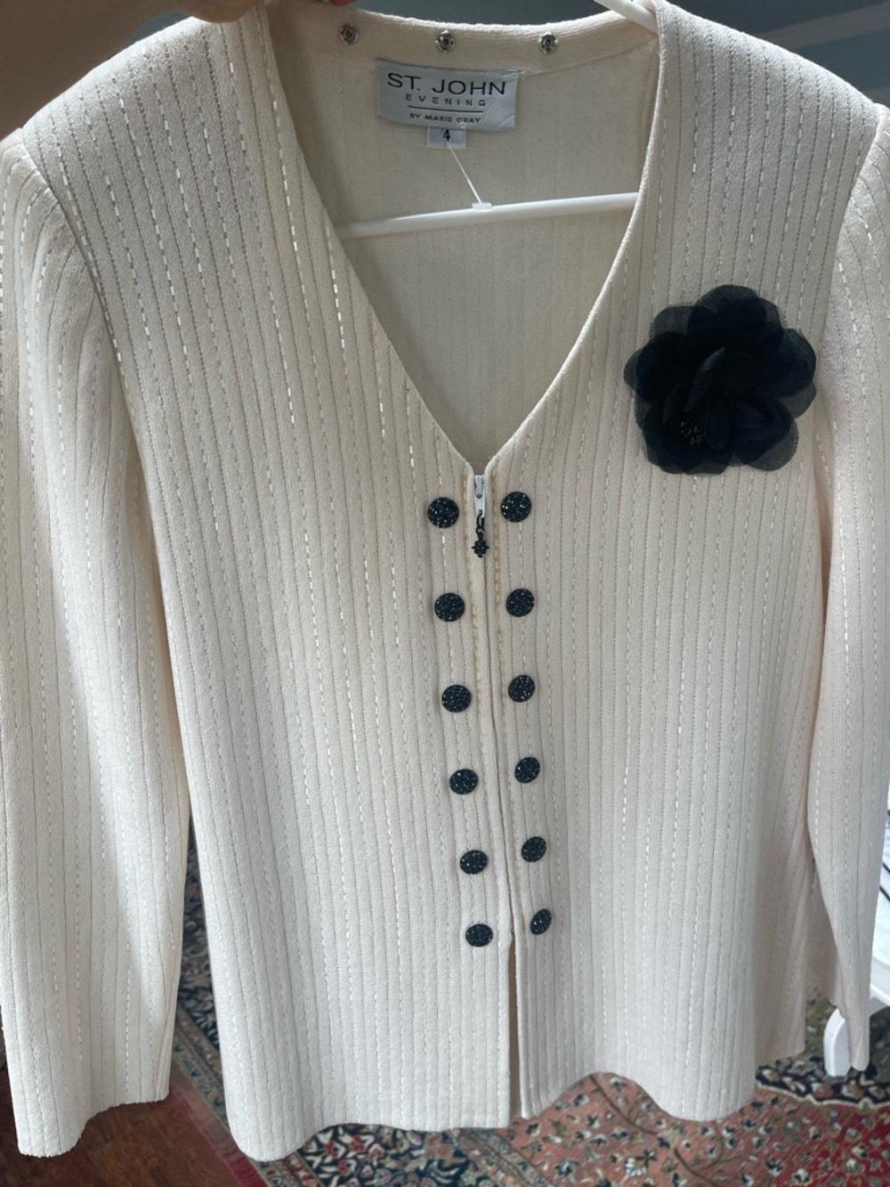 St. John Evening Cream Knit Jacket with Black Flower 3 Pc Set